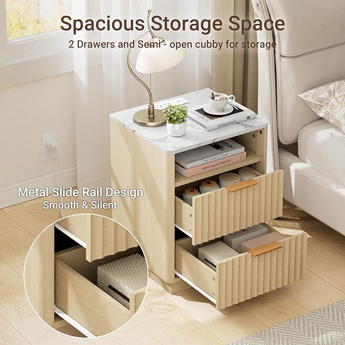 Fluted Nightstand with Charging Station, 18" Modern Night Stand with Faux Marble Top, 2 Drawers End Table with Storage, Bedside Table for Bedroom Living Room, Curved Profile (Natural Oak)