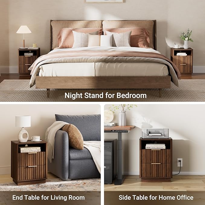 Fluted Nightstand with Charging Station, 18" Modern Farmhouse Night Stand, 2 Drawers End Table with Storage, Bedside Table for Bedroom Sofa Home Office, Curved Profile Design (Walnut)