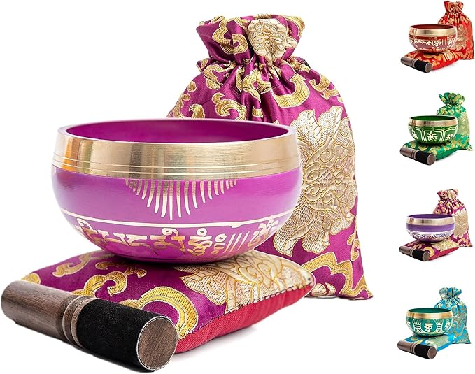Tibetan Singing Bowl Set - Easy To Play for Beginners - Authentic Handcrafted Mindfulness Meditation Holistic Sound 7 Chakra Healing Gift by Himalayan Bazaar (Orchid)