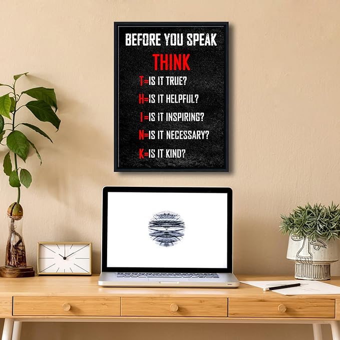 Pyradecor Black Framed Wall Art Inspirational Poster Canvas Prints Motivational Think Before You Speak Classroom Positive Quotes for Office Living Room Home Decorations