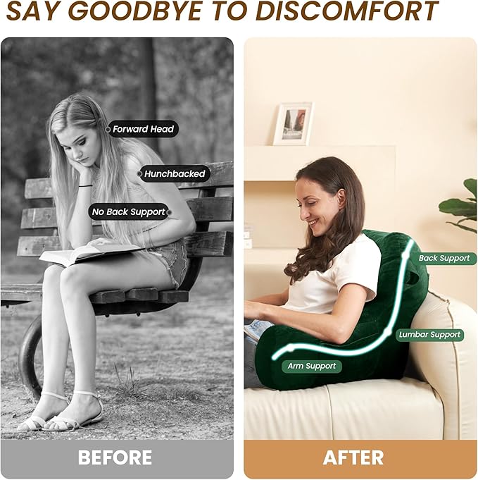 Portable Comfy Reading Pillows for Bed Sitting Up(Dark Green Oeko-Tex), Velvet Back Pillow with Arms & Pockets for Adults, Support Memory Foam Bed Pillow for Dorm/Reading/Watching/Gaming