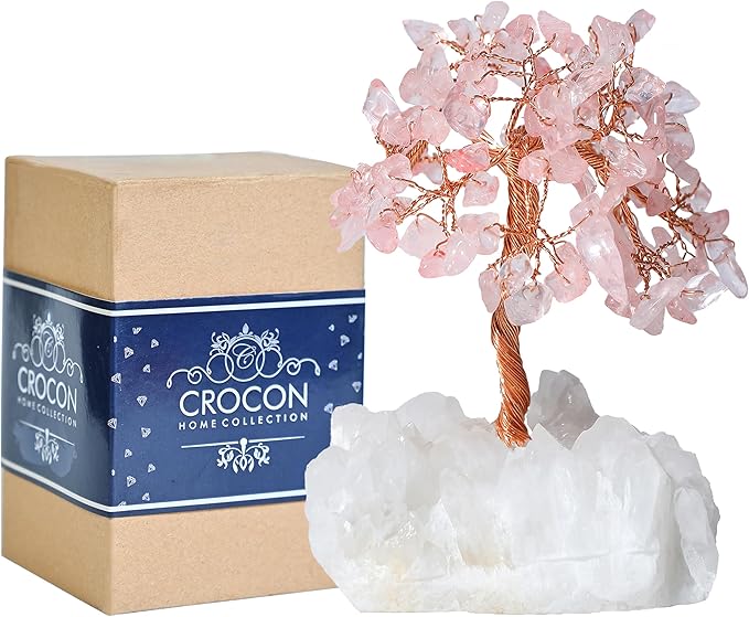 Rose Quartz Crystal Tree with White Aura Base Tree of Life Decor for Shelf, Bedroom, Birthday Gifts for Women, Sister Gift, Birthday Gifts for Mom, Cute Home Office Decor Housewarming Present