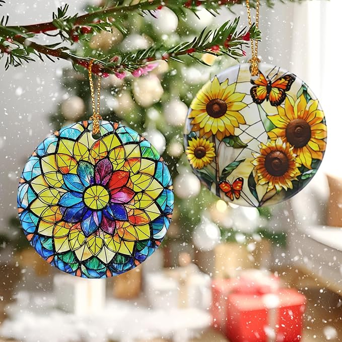 Flower Ornament – Christmas Decoration & Christmas Ornament; Round Ceramic (Holiday Present, Bauble Present, Gift Idea, and Gift Exchange) | Heirloom Keepsake