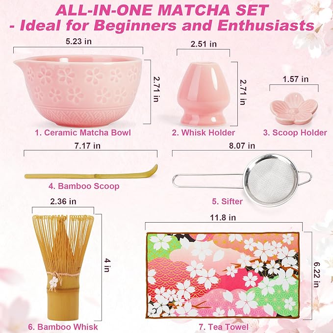 7 Pcs Matcha Whisk Kit, Cherry Blossom Matcha Set for Beginners and Enthusiasts with Bowl, Whisk and Holder, Bamboo Scoop, Scoop Rest, Sifter, and Towel, Perfect as a Gift
