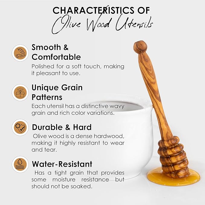 Olive Wood Honey Dipper Stick – 5.9 Inch Natural Handmade Honey Stirrer Wand for Jars, Tea, Coffee, Cooking, Drizzling, Spreading – Eco-Friendly Kitchen Tool