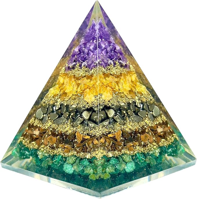 Money Magnet Pyramid with Amethyst, Citrine, Pyrite & Tiger Eye Stones – Crystal Healing Pyramid for Wealth, Abundance, Positive Energy, Reiki, Meditation & Home Décor