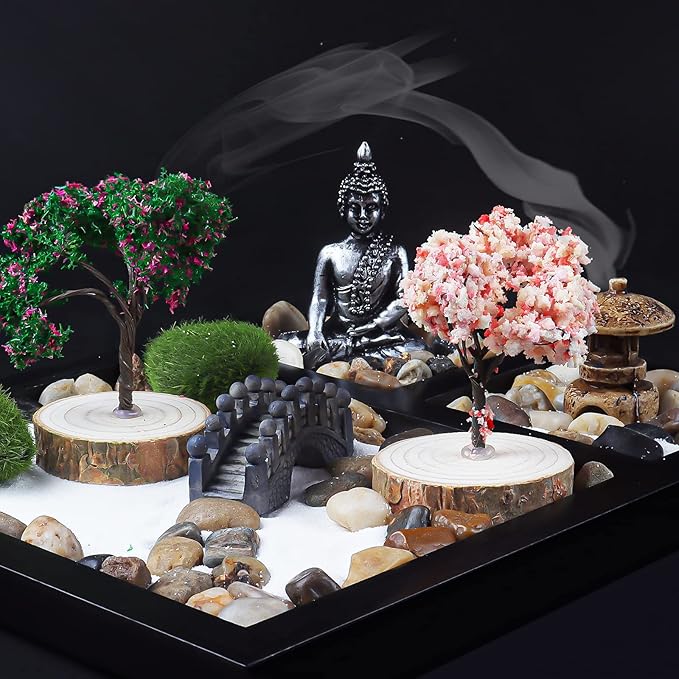 Sakura Budah Desktop Mini Zen Garden - 9" x 7" with White Sand, Artificial Bonsai Tree, Rocks, Rakes & Accessories - Meditation Gift for Office Decor