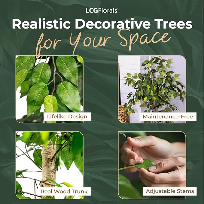 Artificial Ficus Tree in Copper Metal Pot - Real Wood Trunk, Preassembled, No Maintenance Indoor Faux Plant - Living Room, Home & Office Decor (8ft Tall)