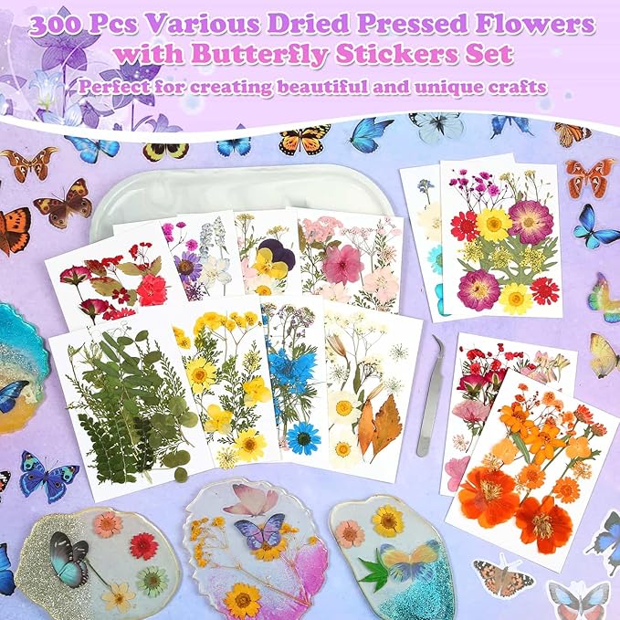 300 Pcs Pressed Dried Flowers with Butterfly Stickers for Crafts, Real Pressed Wildflowers Dry Leaves Bulk with Tweezer for Resin Jewelry Molds, Candle Soap Making, Scrapbook, Bookmark, Nails Decor