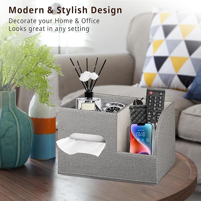 Leather Square Tissue Box Cover with Storage Tray,Cube Tissue Box Holder,Modern Facial Paper Organizer with Remote Control Holder for Bathroom,Vanity Countertop,End Table NightStand Home Office.Grey