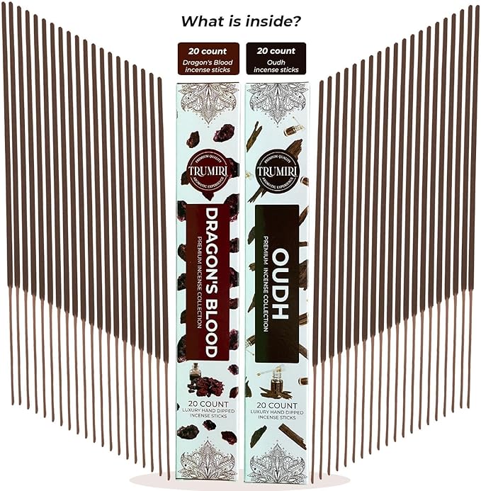 Trumiri Incense Sticks - Combo Pack of 40 Insence-Sticks - 20 Dragons Blood + 20 Oud - Insenses - Insents - Incents - Inscense - Incence - Incienso - All Natural Incense Sticks