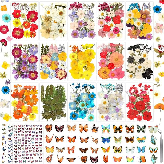 630 Pcs Dried Pressed Flowers with Butterfly Stickers for Crafts, Real Pressed Wildflowers Dry Leaves Bulk with Tweezer for Resin Jewelry Molds Candle Soap Making Scrapbook Bookmark Nails Decor
