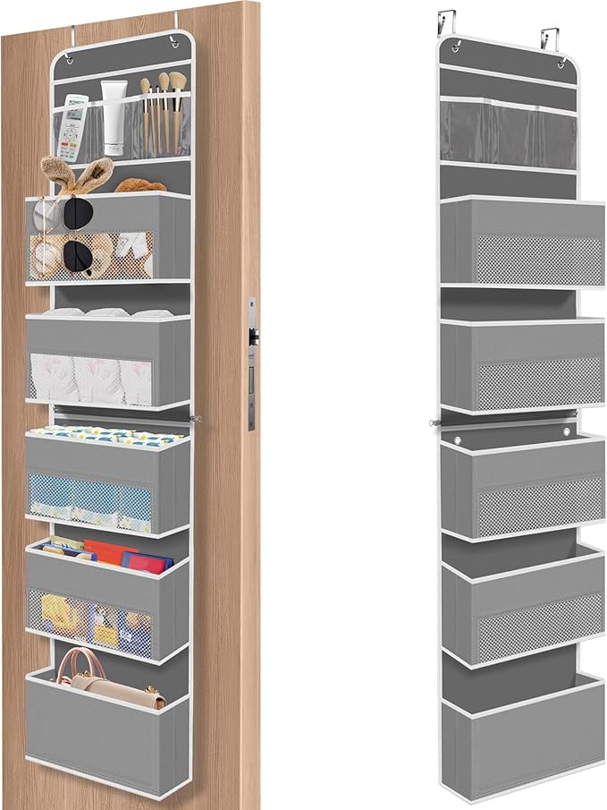 6-Tier Over The Door Organizer, Hanging Storage Organizer with Clear Window, 40lb Ultra Sturdy Large Capacity Room Organizer for Pantry Bathroom Nursery Closet Baby Essential (Grey)
