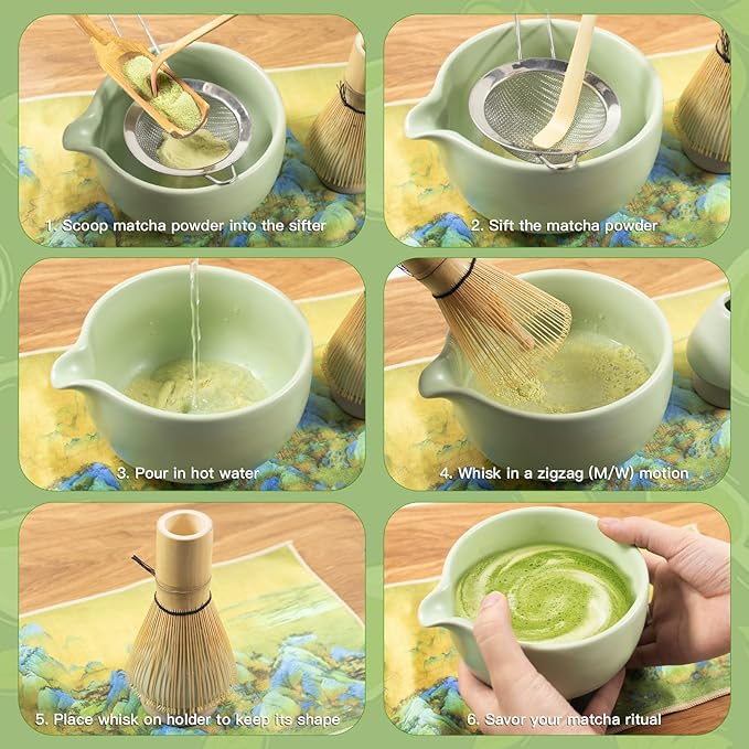 Matcha Whisk Set, 9PCS Ceramic Matcha Tea Set Includes Bowl, Whisk and Holder, Bamboo Scoop, Scoop Rest, Sifter and Tea Towel for Traditional Matcha Ceremony Matcha Lovers