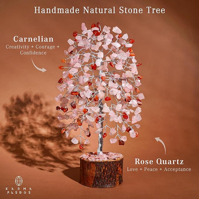 KARMAPLEDGE Healing Crystals Chakra Tree of Life for Positive Energy & Protection & Good Luck, Money, Feng Shui Decor for Home and Office Desk Decoration, Spiritual Gifts (Rose, Carnelian Dual Beads)