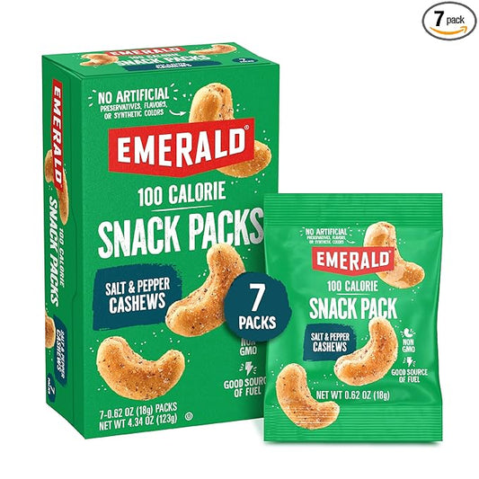 Emerald Nuts, 100 Calorie Packs, 7 Count, Salt & Pepper Cashews, 4.34 Oz