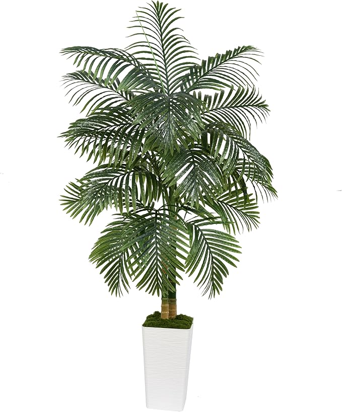 Artificial Palm Tree Indoor Plant Tall Fake Tropical Palm Tree in Pot with Real Bark Design Faux Areca Palm Tree for Home Office Living Room Bedroom Farmhouse Modern Outdoor Decor (21 Leaves 6 FT)