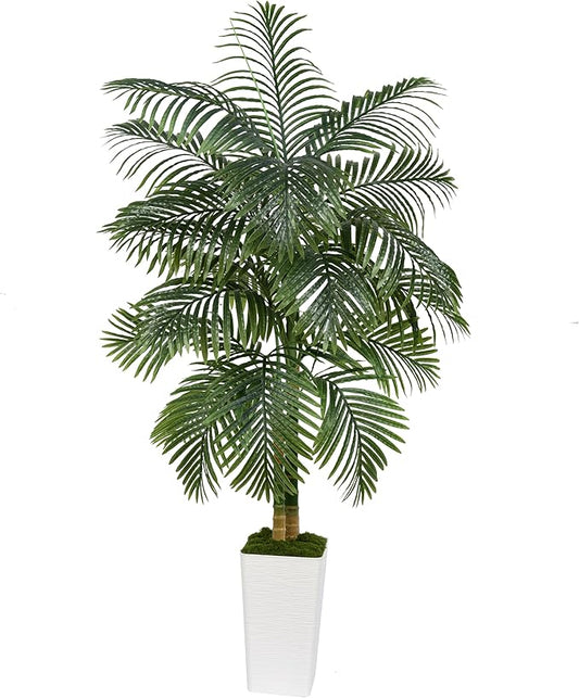 Artificial Palm Tree Indoor Plant Tall Fake Tropical Palm Tree in Pot with Real Bark Design Faux Areca Palm Tree for Home Office Living Room Bedroom Farmhouse Modern Outdoor Decor (21 Leaves 6 FT)