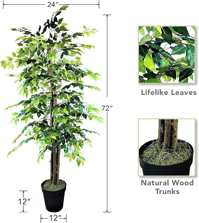 Artificial Deluxe Ficus Tree in Black Plastic Pot - Real Wood Trunk, Preassembled, No Maintenance Indoor Faux Plant - Living Room, Home & Office Decor (6ft Tall)