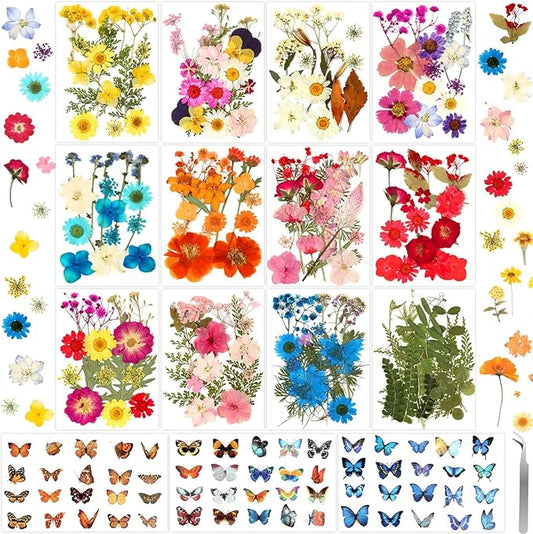 300 Pcs Pressed Dried Flowers with Butterfly Stickers for Crafts, Real Pressed Wildflowers Dry Leaves Bulk with Tweezer for Resin Jewelry Molds, Candle Soap Making, Scrapbook, Bookmark, Nails Decor