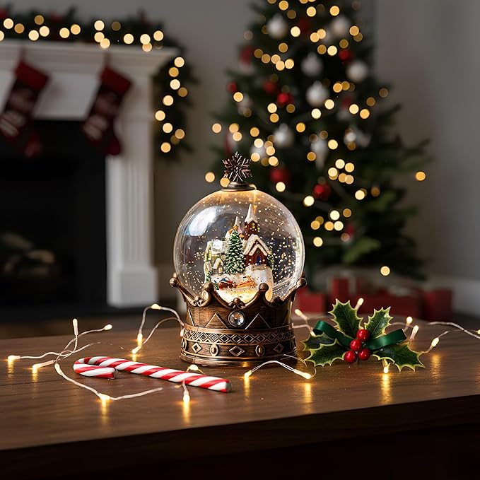 Christmas Village Snow Globe, Lighted Village Church and Santa Musical Crown Water Lantern in Swirling Glitter, Christmas Home Decoration and Gift, Battery Operated or USB Powered