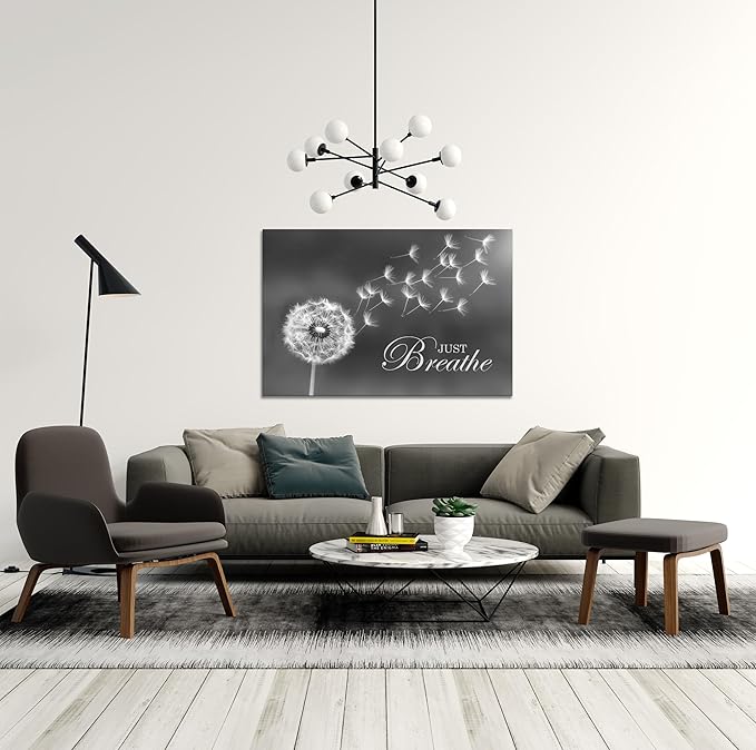 SKASNFAI Black and White Dandelion Zen Wall Art Canvas Just Breathe Motivation Positive Picture Art Print for Spa Yoga Meditation Wall Decor Ready to Hang (16L x 24W)