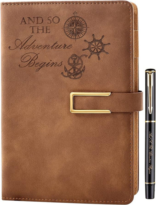 Fanery Sue Refillable Adventure Travel Journal For Women & Men Faux Leather Hardcover A5 Travel Notebook College Ruled 200 Lined Pages Lay-Flat Diary With Pen & Magnetic Buckle(Adventure - Brown)