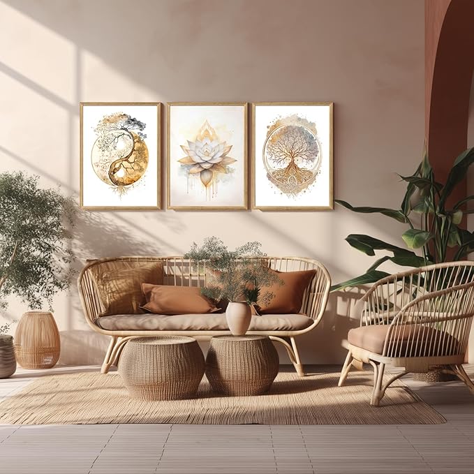 GELDSTEI Tree of Life Wall Art, Calming Zen Wall Decor, Abstract Yin Yang Tree Canvas Painting, Modern Gold Lotus Flower Meditation Poster Print for Living Room Yoga Room Bedroom Wood Framed 16"x24"x3