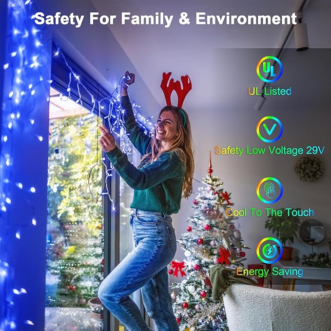 1296 LED 131FT Christmas Lights 288 Drops, Outdoor Hanging lights with 8 Modes Timer, Plug in Curtain String Lights Outdoor Waterproof for House Fence Tree Holiday Wedding Party Outside Decor (Blue)