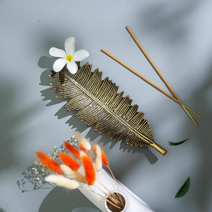 Raajsee Incense Holder Set with Nag Champa Incense Sticks 15gm, Leaf Insense-Stick Holder, Brass Incense Burner,Modern Stick Incente Holder for Yoga, Meditation,Home Décor Size 10x4 inches GOLD