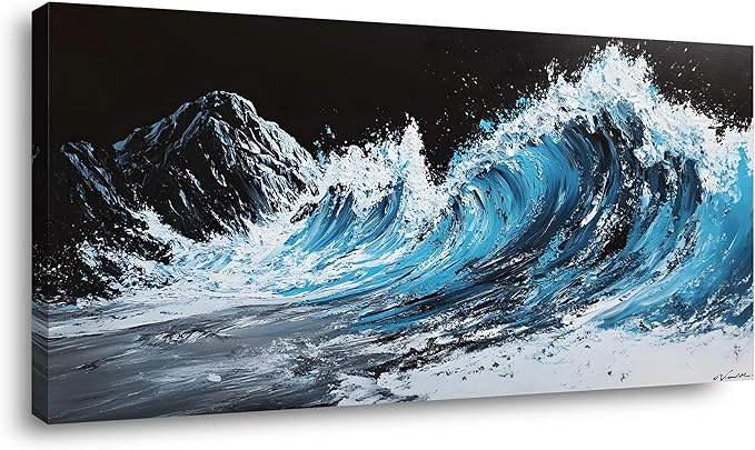 ZESTRILIA Waves Wall Art Blue Sea Oil Painting Reproduction Print Modern Wave Abstract Canvas Paintings Waterproof Artwork Picture for Living Room Bedroom Home Office Kitchen Décor (23x46inch)