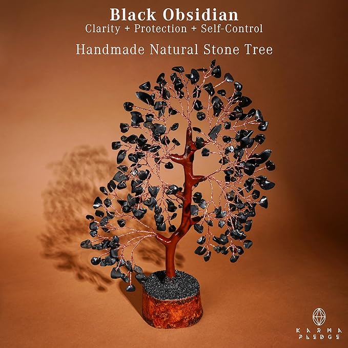 KARMAPLEDGE Black Obsidian Healing Crystal Tree Spiritual Gifts for Women, Handmade Home & Office Decor, Chakra Tree of Life Bring Positive Energy, Good Luck, Money, Yoga, Reiki Healing, for Dad