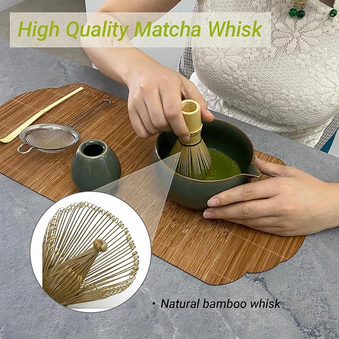 Matcha Whisk Set – 5 Pcs Matcha Set Whisk and Bowl with Spout, Bamboo Scoop, Sifter & Holder – Ru Kiln Matcha Bowl Japanese Tea Kit for Gifts, Home Use & Ceremonial Rituals (green)