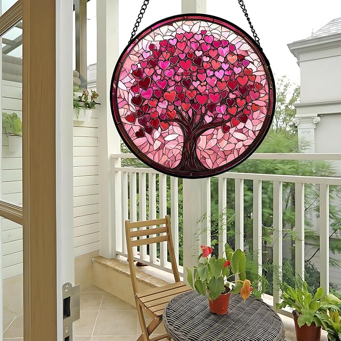 Stained Glass Window Hanging - DASTOLL, Birthday Gifts for Women Men Mom Dad, Pink Love Tree Suncatcher for Doors Window Home Sun Catchers Decor 7.8 in