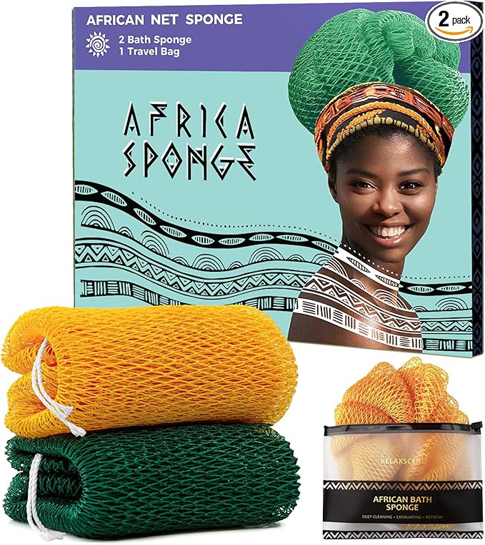 Real African Net Sponge - 2 Pieces Authentic African Wash Cloths for Showering - Exfoliating Body Sponges for Bathing Yellow & Forest - Back Scrub Exfoliator Scrubber for Body Bath Accessories