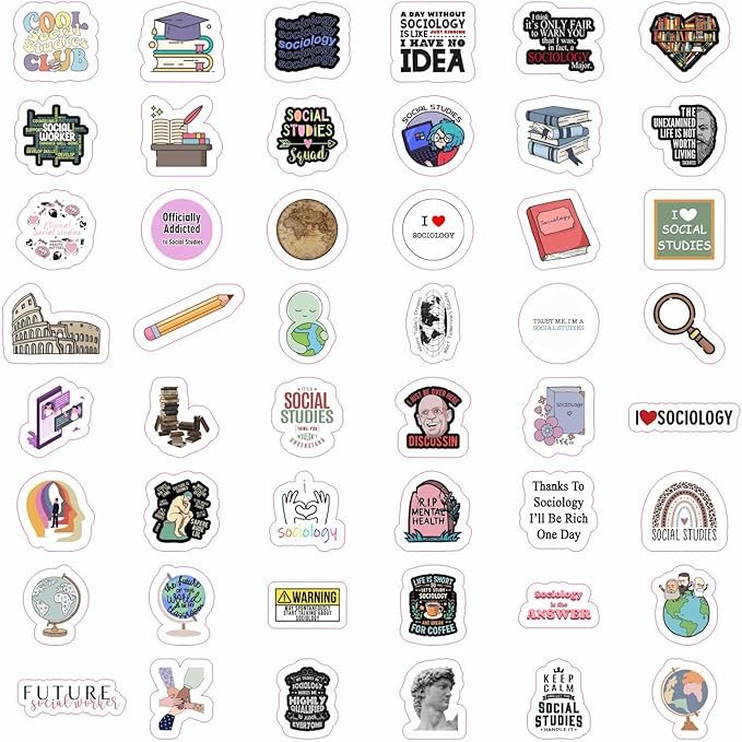BulbaCraft 100Pcs Social Studies Stickers for Water Bottle and Laptop - Social Studies Party Favors & Decorations, Waterproof Vinyl Decals, History and Culture Stickers, Gifts for Women & Men