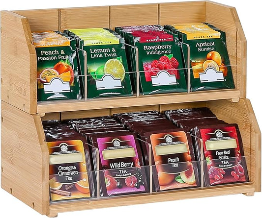 2-Layer Stackable Bamboo Tea Bag Organizer Storage Holder & Rack - Wooden Tea Box Containers - Stand for Countertop or Cabinet