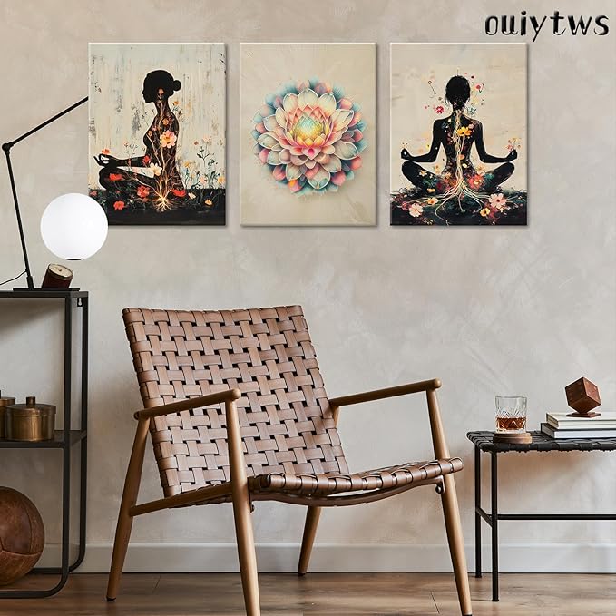 Yoga and Flower themed Meditation Wall Art Set of 3, Spiritual Meditation Women's Match with Flower and Lotus Patterns Canvas Poster Prints Painting,for Yoga Meditation Room,Bedroom,Framed 16X24in