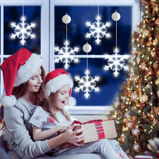5Pack Christmas Window Lights Decorations with Timer,Battery Powered Christmas Hanging White Lighted Snowflake Shaped LED Sucker for Xmas Tree Fireplace Indoor Decor