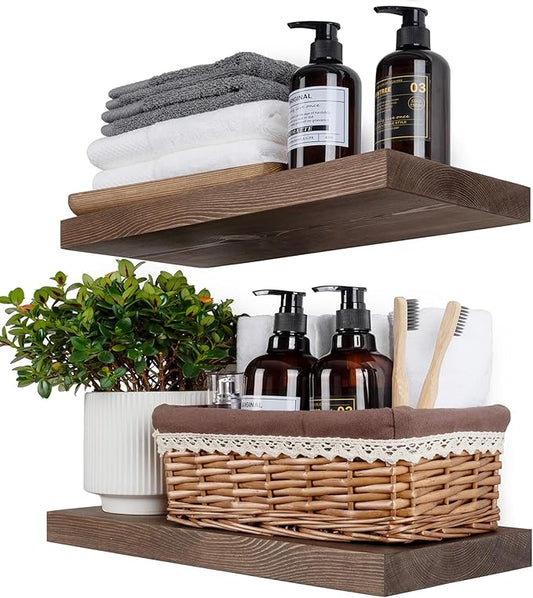 BGMG Wood Floating Shelves for Wall 18 inch Set of 2, Rustic Wooden Wall Mount Shelves for Bathroom Living Room Bedroom Kitchen Farmhouse -18x 6.7 x1.25 inch- Walnut Color