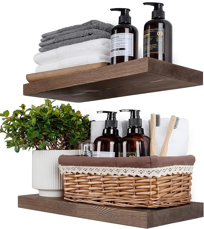 BGMG Wood Floating Shelves for Wall 16 inch Set of 2, Rustic Wooden Wall Mount Shelves for Living Room Bedroom Kitchen Farmhouse-16x6.7x1.25 inch- Dark Walnut