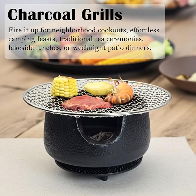 Cast Iron Teapot Warmer with Candle, Small Heavy Charcoal Stove for Tea Pot, Tea Kettle Warmer Set with Trivet, Barbecue Grill, Hibachi with 18/8 Stainless Steel Mesh