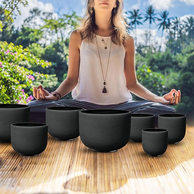 Ryan Dvan 7-12 Inch Black 7 Crystal Singing Bowl Set Frosted Quartz Crystal Sound Therapy Kit with Mallets 2 Cases O-Ring for Yoga Meditation Energy Balancing Reiki Healing