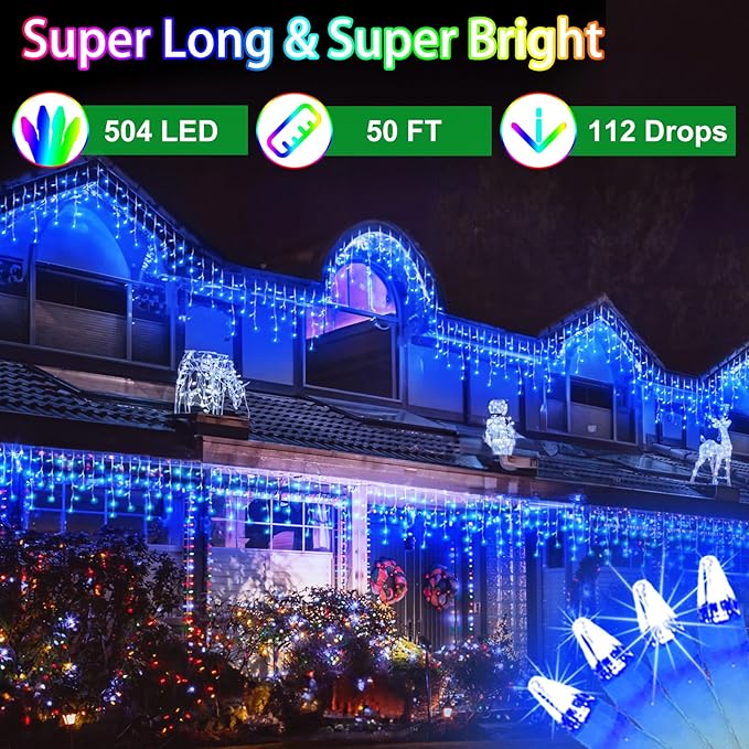 50FT 504 LED Outdoor Christmas Lights - 112 Ice Drops, 12 Pro Modes with Timer Memory & Brightness, Waterproof Hanging Ice String Light for Holiday Wedding Garden Fence House Decor (Blue)