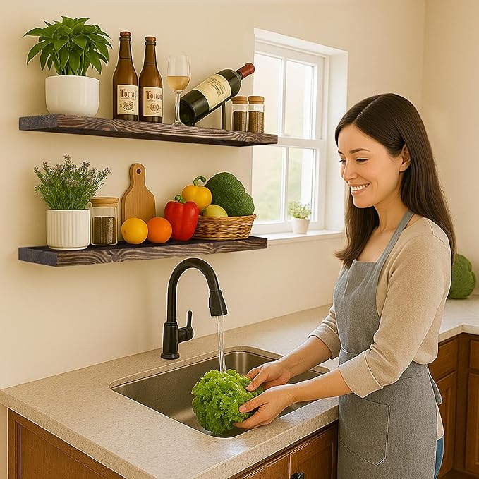 BGMG Floating Shelves 48 inch Long, Distressed,Wide Rustic Wooden Wall Shelves for Bathroom Living Room Bedroom Kitchen Farmhouse Set of 2-48x6.7x1.25 inch-Distressed Walnut