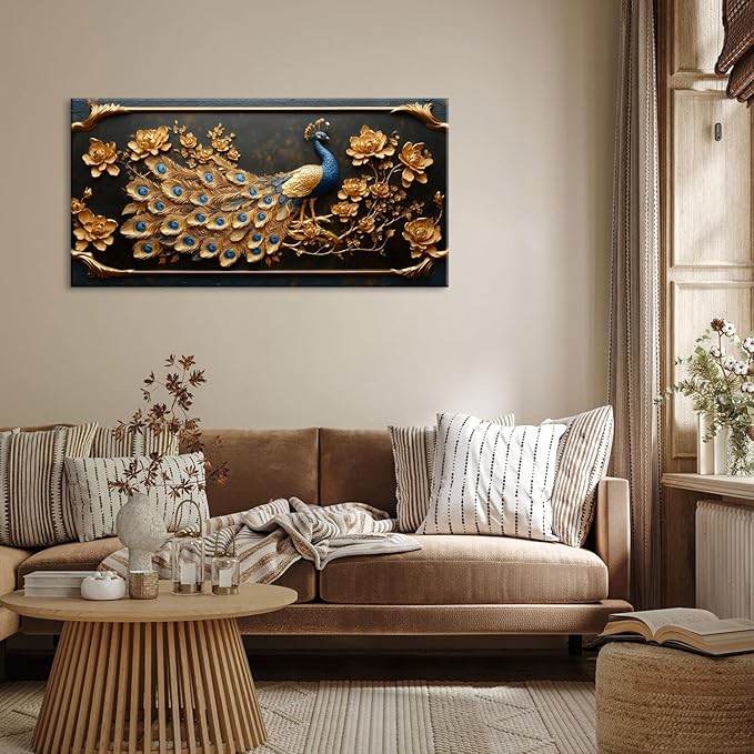 ZESTRILIA Pretty Peacock Wall Art for Living Room Office Gold Country Rustic Retro Asian Canvas Painting Prints Golden Vintage Elegant Peackock Artwork Dining Bedroom Decor Large (46x23 Inches)
