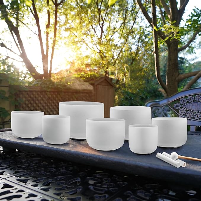 RYAN DVAN 432Hz 7-12 inch Crystal Singing Bowl Set of 7 with Free Carrying Case, Frosted Quartz Sound Bowls for Chakra Healing, Meditation,Yoga,Sound Therapy,Mindfulness,Relaxation & Stress Relief