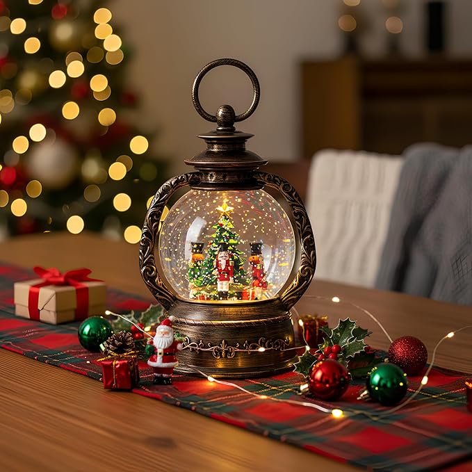 Nutcracker Snow Globe, Musical Christmas Water Lantern with Swirling Glittering Home Decoration and Gift, Battery Operated or USB Powered