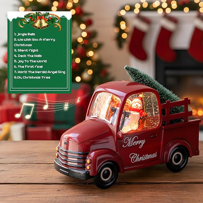 Xindian Musical Red Truck Snow Globe with Swirling Glitter, Snowman & Dog, Carrying Christmas Tree, Spinning Water Lantern for Christmas Decor