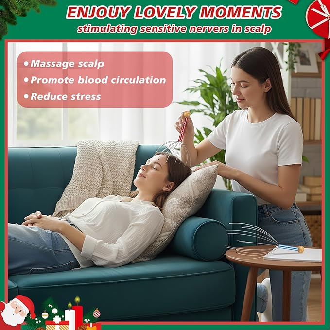 Soaoo 30 Pcs Christmas Head Massager Scalp Massager Bulk with Inspirational Christmas Cards Handheld Steel Wire Head Scratcher for Body Office Home Spa Stress Relief Relaxation Women Men Gift(Cute)
